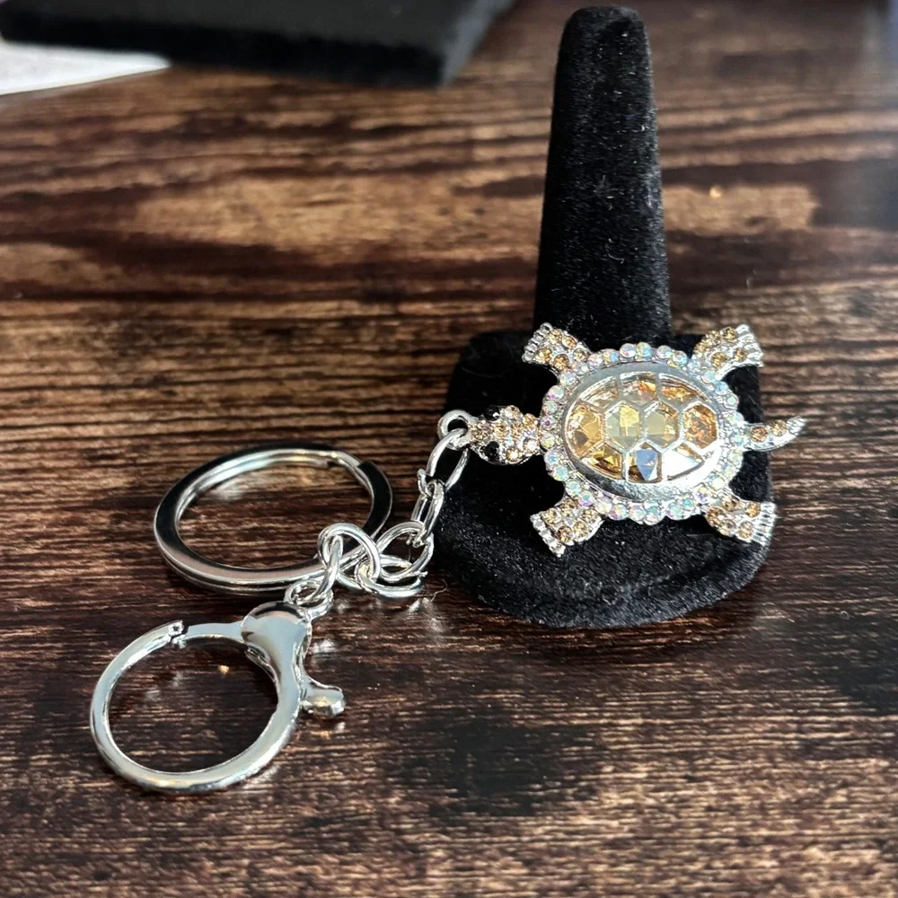 Crystal Turtle Keychain Amber Rhinestone Sea Turtle Bag Charm Silver Tone